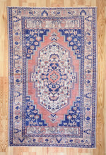Load image into Gallery viewer, 5x9 Vintage Central Anatolian Oushak Style &#39;Taspinar&#39; Navy Turkish Area Rug | Bold medallion muted field geometric border | SKU 355
