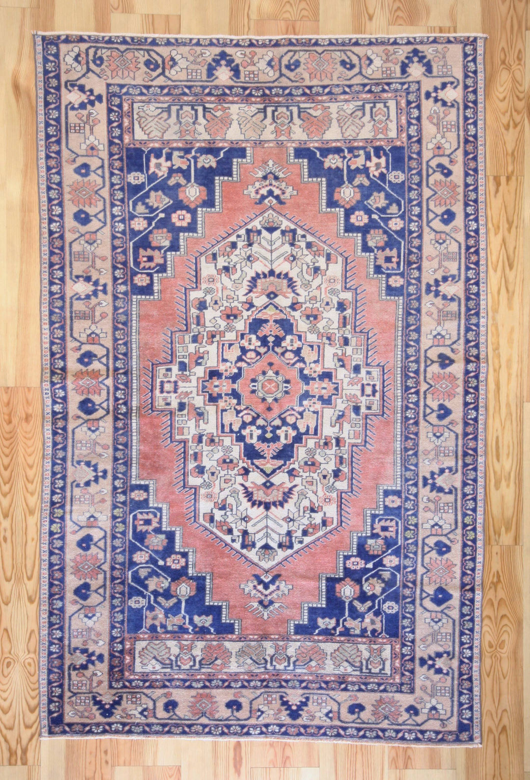 5x9 Vintage Central Anatolian Oushak Style 'Taspinar' Navy Turkish Area Rug | Bold medallion muted field geometric border | SKU 355