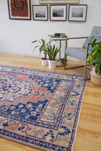 Load image into Gallery viewer, 5x9 Vintage Central Anatolian Oushak Style &#39;Taspinar&#39; Navy Turkish Area Rug | Bold medallion muted field geometric border | SKU 355
