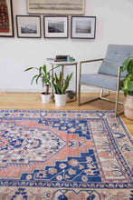 Load image into Gallery viewer, 5x9 Vintage Central Anatolian Oushak Style &#39;Taspinar&#39; Navy Turkish Area Rug | Bold medallion muted field geometric border | SKU 355
