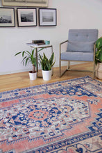 Load image into Gallery viewer, 5x9 Vintage Central Anatolian Oushak Style &#39;Taspinar&#39; Navy Turkish Area Rug | Bold medallion muted field geometric border | SKU 355
