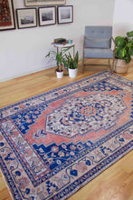 Load image into Gallery viewer, 5x9 Vintage Central Anatolian Oushak Style &#39;Taspinar&#39; Navy Turkish Area Rug | Bold medallion muted field geometric border | SKU 355
