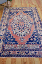 Load image into Gallery viewer, 5x9 Vintage Central Anatolian Oushak Style &#39;Taspinar&#39; Navy Turkish Area Rug | Bold medallion muted field geometric border | SKU 355
