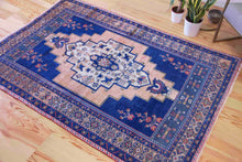 Load image into Gallery viewer, 5x7 Vintage Central Anatolian Oushak Style &#39;Taspinar&#39; Turkish Area Rug | Bold medallion navy field geometric border | SKU 356
