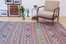 Load image into Gallery viewer, 6x10 Vintage Anatolian Wool Turkish Kilim Area Rug | Stripe design muted colors tribal motifs | SKU 361
