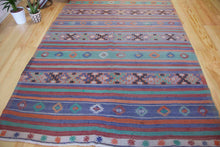 Load image into Gallery viewer, 6x10 Vintage Anatolian Wool Turkish Kilim Area Rug | Stripe design muted colors tribal motifs | SKU 361
