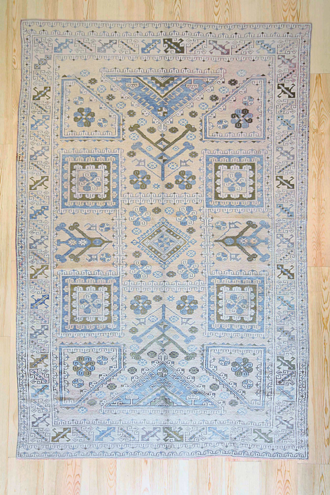 7X10 Vintage Western Anatolian Oushak Style 'Canakkale' Turkish Area Rug Traditional geometric design rich field geometric border | SKU 382
