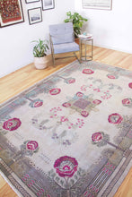 Load image into Gallery viewer, 7x10 Vintage Western Anatolian Oushak Style &#39;Demirci&#39; Turkish Area Rug | Square floral medallion khaki field floral border | SKU 392
