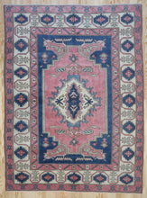Load image into Gallery viewer, 6x9 Vintage Central Anatolian &#39;Nigde&#39; Turkish Area Rug | Unique medallion design on pink field geometric border | SKU 396
