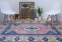 Load image into Gallery viewer, 6x9 Vintage Central Anatolian &#39;Nigde&#39; Turkish Area Rug | Unique medallion design on pink field geometric border | SKU 396
