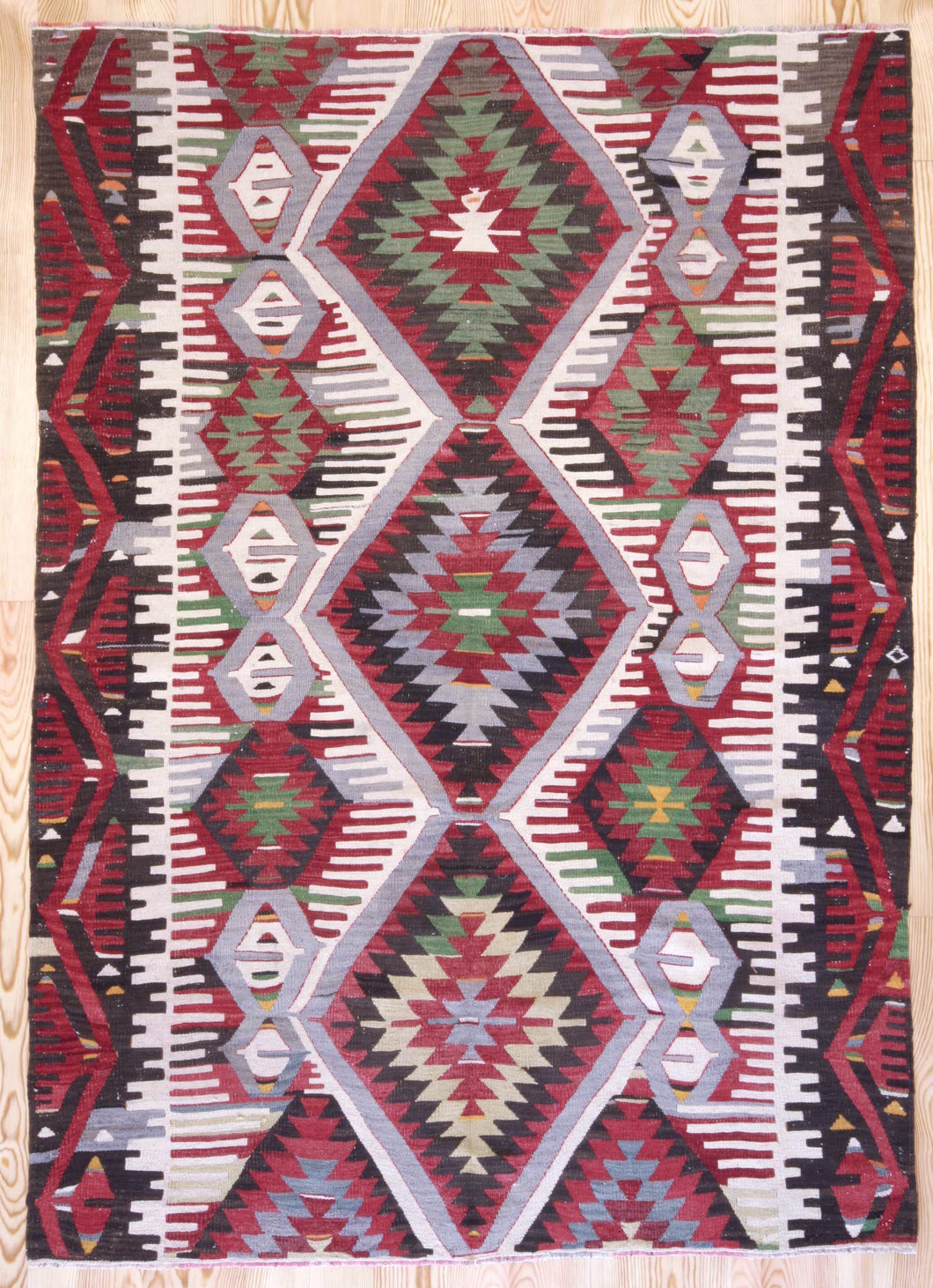 5x7 Vintage Anatolian Turkish Kilim Area Rug with repeating medallions and tribal symbols | SKU 400