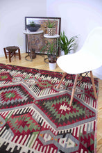 Load image into Gallery viewer, 5x7 Vintage Anatolian Turkish Kilim Area Rug with repeating medallions and tribal symbols | SKU 400
