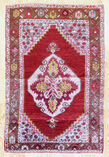 Load image into Gallery viewer, 4x5 Vintage Central Anatolian &#39;Kirsehir&#39; Turkish Area Rug | Bold medallion floral design red field pink accents | SKU 403
