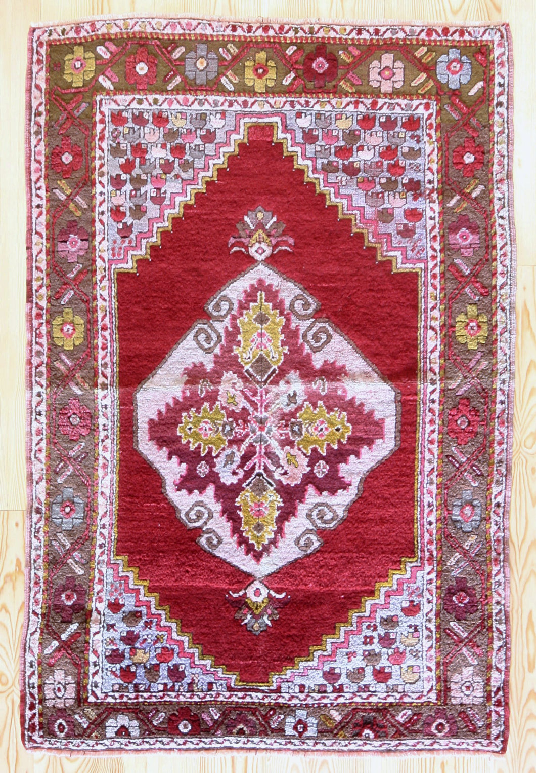 4x5 Vintage Central Anatolian 'Kirsehir' Turkish Area Rug | Bold medallion floral design red field pink accents | SKU 403