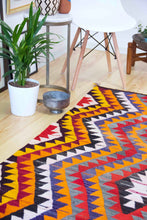 Load image into Gallery viewer, 4x6 Vintage Anatolian Turkish Kilim Area Rug | Interlocked tribal motifs with  vibrant colors | SKU 407
