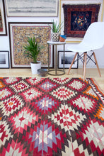 Load image into Gallery viewer, 5x8 Vintage Anatolian Turkish Kilim Area Rug | Interlocked vibrant geometric tribal symbols | SKU 408
