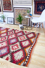 Load image into Gallery viewer, 5x8 Vintage Anatolian Turkish Kilim Area Rug | Interlocked vibrant geometric tribal symbols | SKU 408
