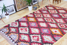 Load image into Gallery viewer, 5x8 Vintage Anatolian Turkish Kilim Area Rug | Interlocked vibrant geometric tribal symbols | SKU 408
