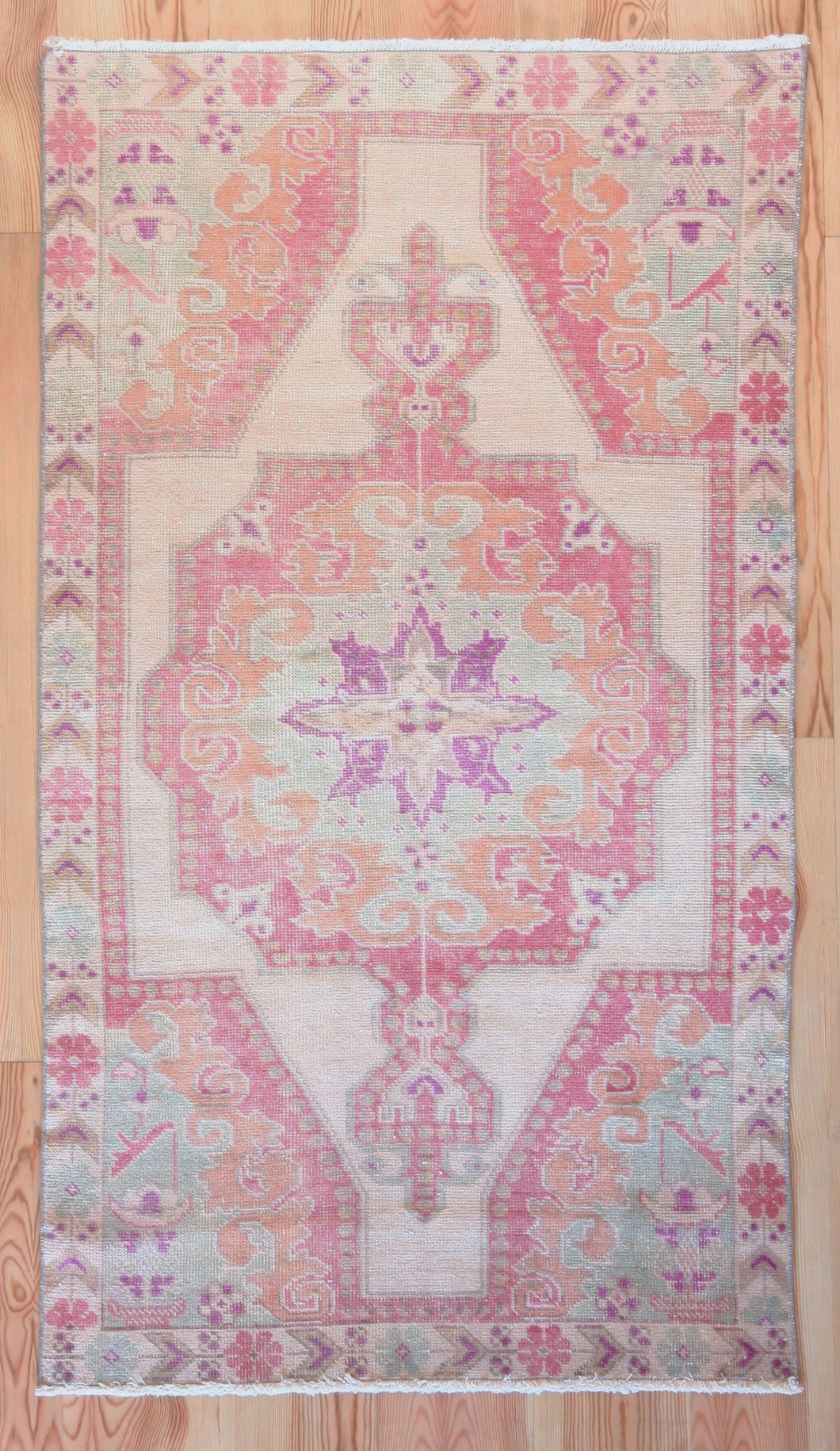 4x7 Vintage Central Anatolian 'Oushak' Turkish Area Rug | Bold Medallion Spacious Field Pink Accents | SKU 424