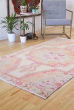 Load image into Gallery viewer, 4x7 Vintage Central Anatolian &#39;Oushak&#39; Turkish Area Rug | Bold Medallion Spacious Field Pink Accents | SKU 424
