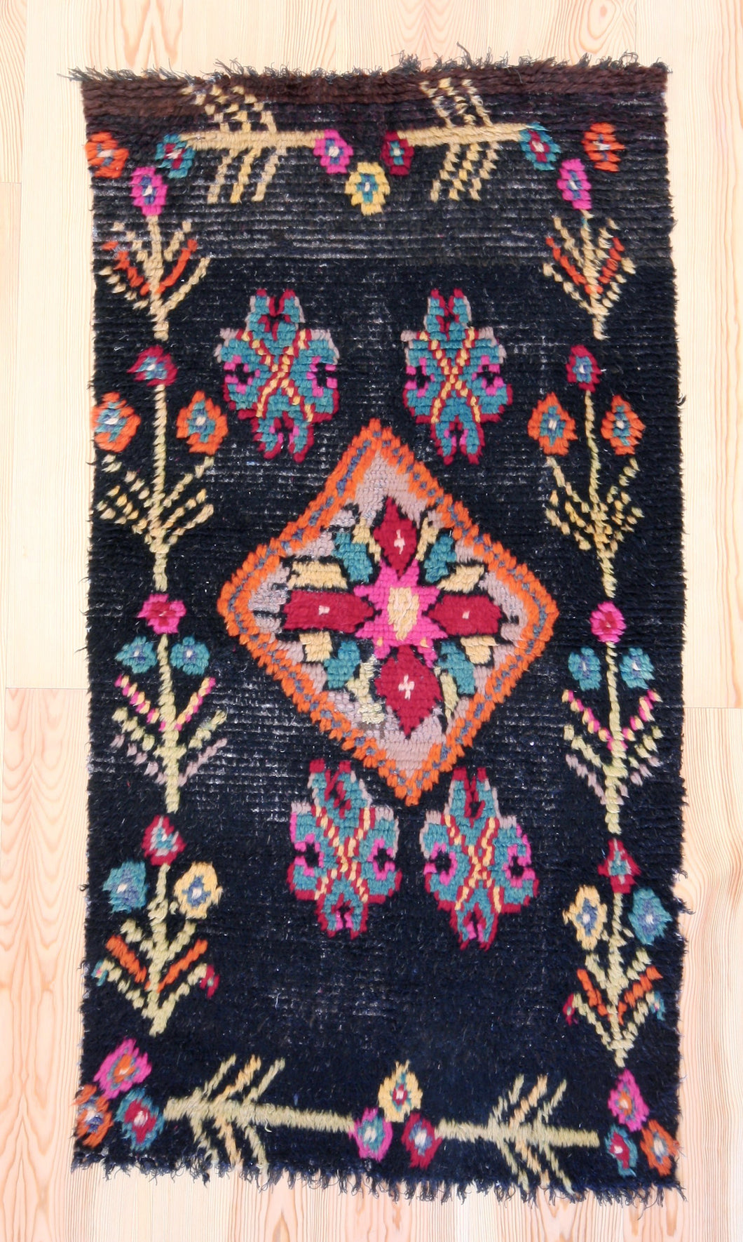 3x6 Vintage Central Anatolian Shaggy 'Tulu' Rug | Vibrant Floral Design on a Dark Background | SKU 426