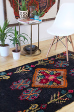 Load image into Gallery viewer, 3x6 Vintage Central Anatolian Shaggy &#39;Tulu&#39; Rug | Vibrant Floral Design on a Dark Background | SKU 426
