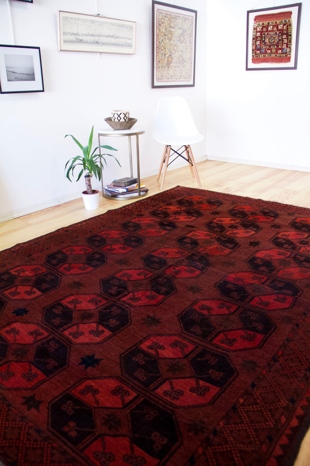 6x9 Vintage Caucasian 'Turkmen Style' Area Rug | Traditional geometric design, bordeaux field | SKU 432
