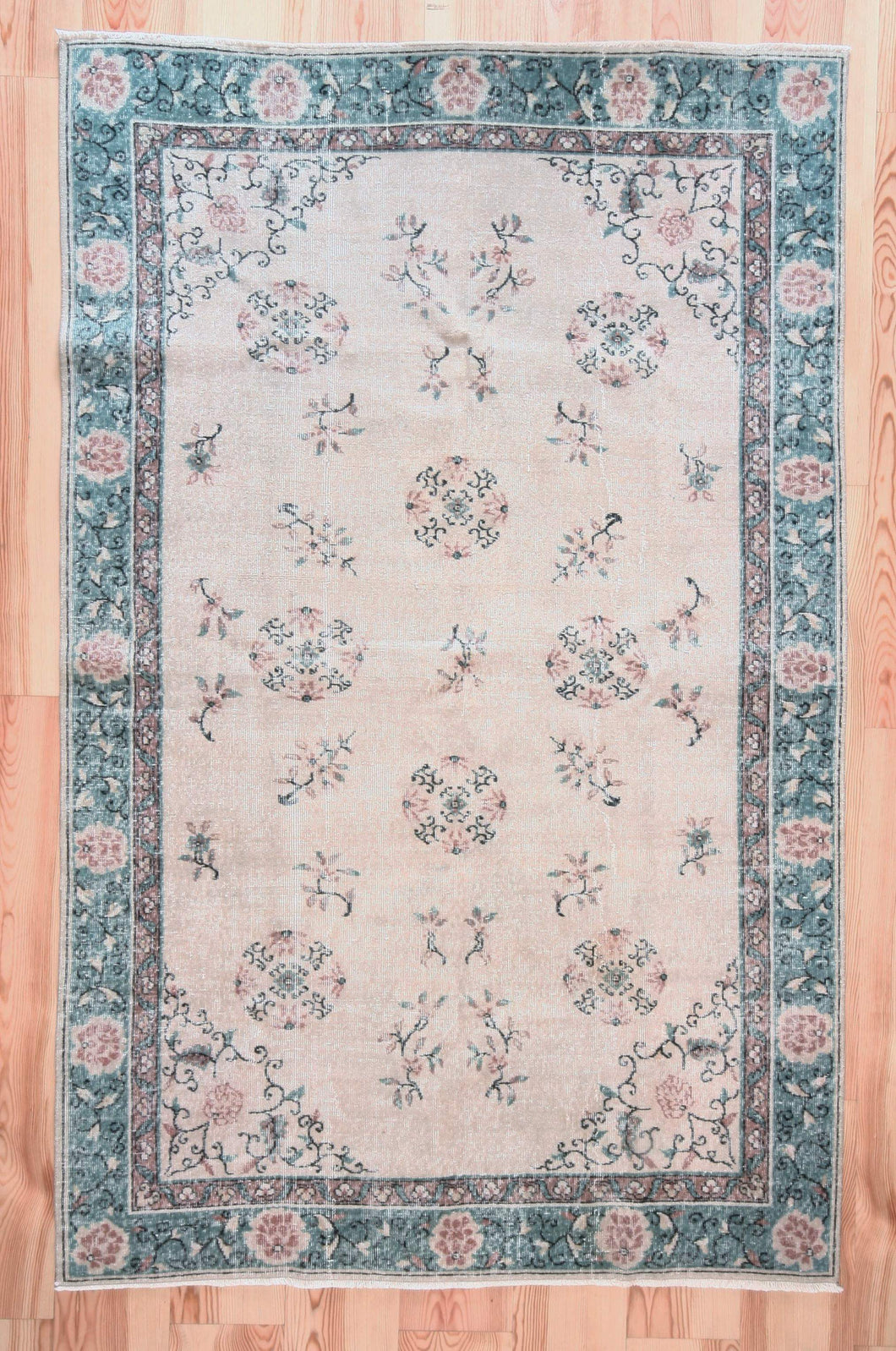 6x9 Vintage Central Anatolian 'Oushak' Turkish Area Rug | Khotan style rug tribal designs on spacious field | SKU 437