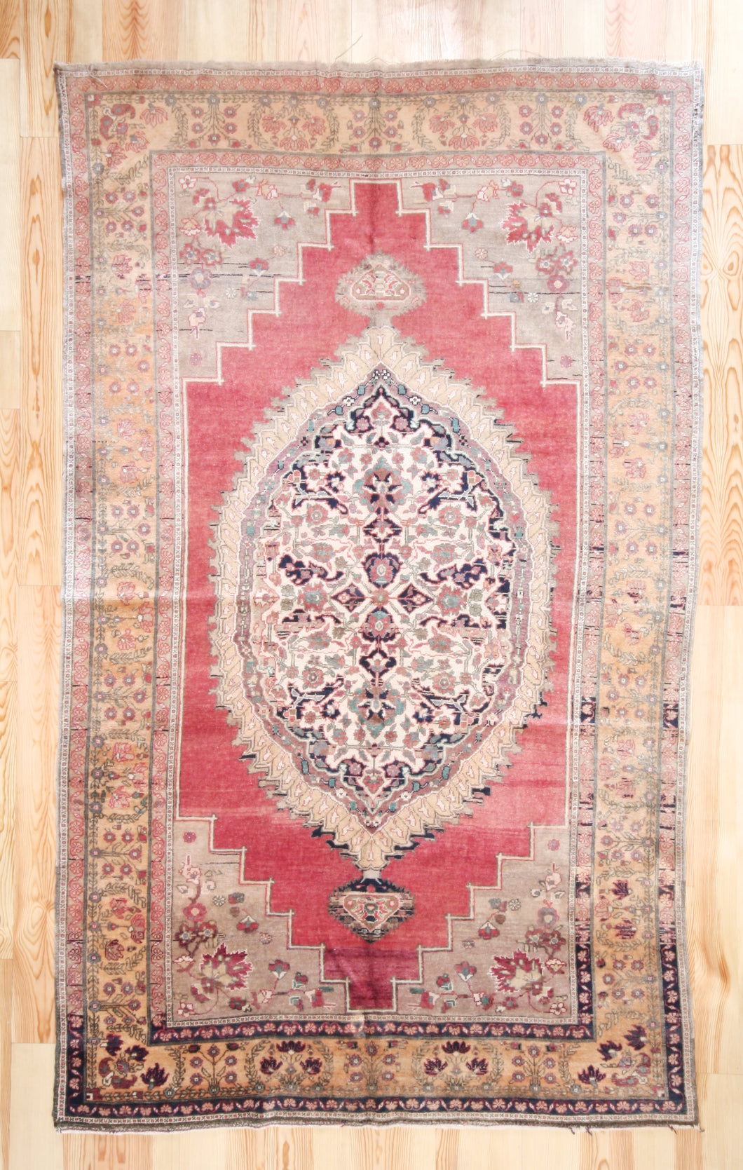 6x11 Vintage Central Anatolian Oushak Style 'Taspinar' Turkish Area Rug | Bold Medallion Muted Colors Floral Border | SKU 438