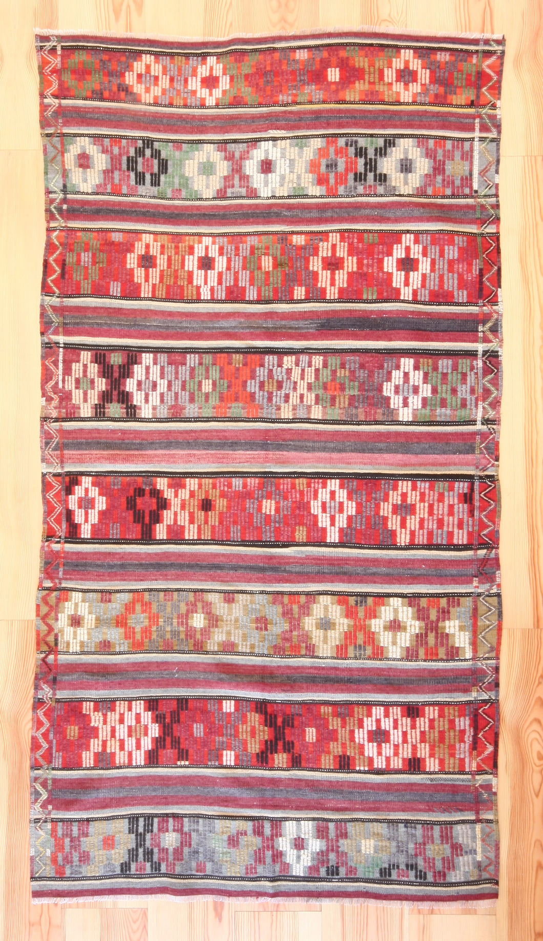 5x8 Vintage Anatolian Turkish Kilim Area Rug | Strips with vibrant colors and bold symbols | SKU 452