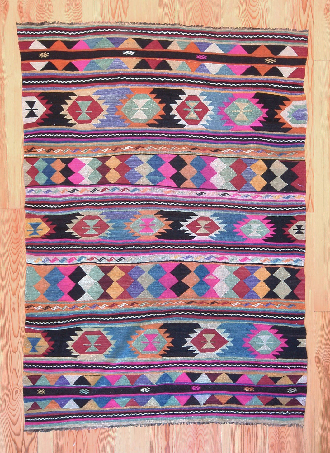 5x7 Vintage Anatolian Turkish Pink Kilim Area Rug | Strips with bold colors and symbols | SKU 454