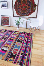 Load image into Gallery viewer, 5x7 Vintage Anatolian Turkish Pink Kilim Area Rug | Strips with bold colors and symbols | SKU 454
