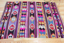 Load image into Gallery viewer, 5x7 Vintage Anatolian Turkish Pink Kilim Area Rug | Strips with bold colors and symbols | SKU 454
