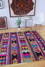 Load image into Gallery viewer, 5x7 Vintage Anatolian Turkish Pink Kilim Area Rug | Strips with bold colors and symbols | SKU 454
