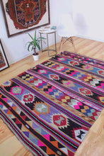Load image into Gallery viewer, 5x7 Vintage Anatolian Turkish Pink Kilim Area Rug | Strips with bold colors and symbols | SKU 454
