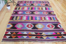 Load image into Gallery viewer, 5x7 Vintage Anatolian Turkish Pink Kilim Area Rug | Strips with bold colors and symbols | SKU 454
