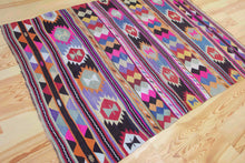 Load image into Gallery viewer, 5x7 Vintage Anatolian Turkish Pink Kilim Area Rug | Strips with bold colors and symbols | SKU 454
