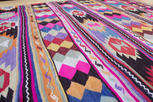 Load image into Gallery viewer, 5x7 Vintage Anatolian Turkish Pink Kilim Area Rug | Strips with bold colors and symbols | SKU 454
