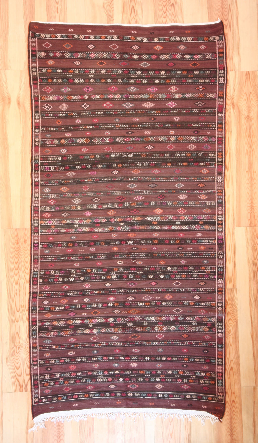 6x11 Vintage Anatolian Turkish Kilim Area Rug | Stripes with earthy colors and tribal symbols | SKU 456