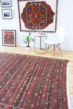 Load image into Gallery viewer, 6x11 Vintage Anatolian Turkish Kilim Area Rug | Stripes with earthy colors and tribal symbols | SKU 456
