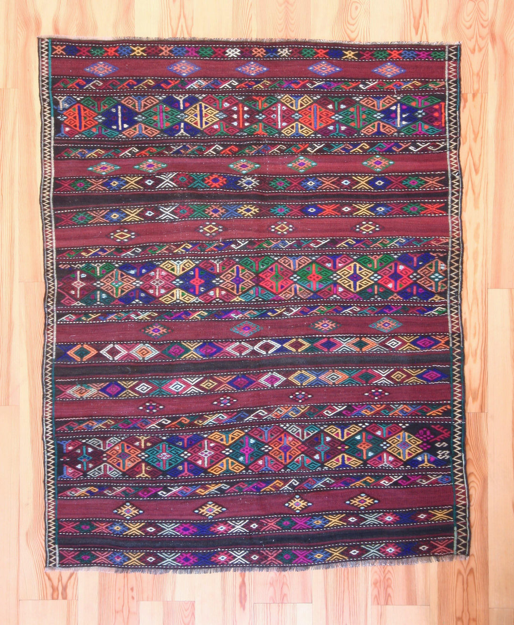 6x8 Vintage Anatolian Turkish Kilim Area Rug | Strips with vibrant colors and bold symbols | SKU 457