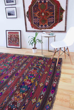 Load image into Gallery viewer, 6x8 Vintage Anatolian Turkish Kilim Area Rug | Strips with vibrant colors and bold symbols | SKU 457
