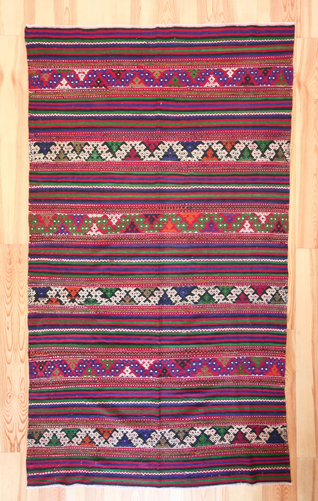 6x10 Vintage Anatolian Turkish Kilim Area Rug | Strips with bold colors and tribal symbols | SKU 458