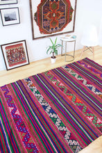 Load image into Gallery viewer, 6x10 Vintage Anatolian Turkish Kilim Area Rug | Strips with bold colors and tribal symbols | SKU 458

