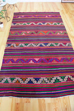 Load image into Gallery viewer, 6x10 Vintage Anatolian Turkish Kilim Area Rug | Strips with bold colors and tribal symbols | SKU 458
