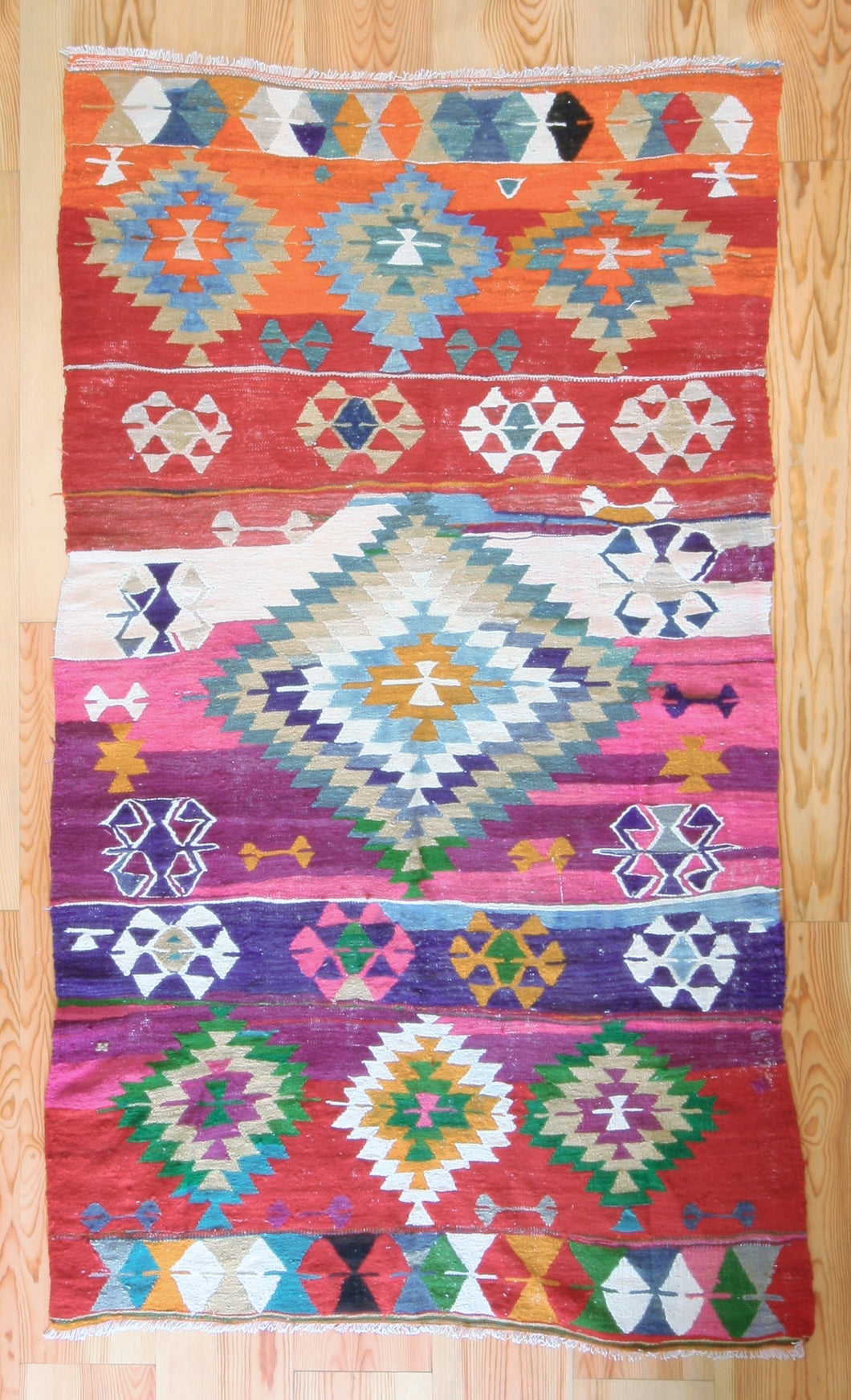 4x8 Vintage Oversized Western Anatolian Kilim Area Rug | Bold medallion vibrant colors scattered tribal symbols | SKU 467