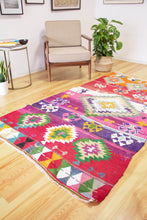 Load image into Gallery viewer, 4x8 Vintage Oversized Western Anatolian Kilim Area Rug | Bold medallion vibrant colors scattered tribal symbols | SKU 467
