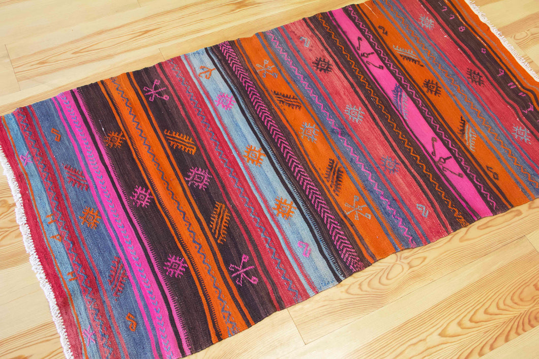 4x7 Vintage Anatolian Turkish Kilim Area Rug | Vivid colorful stripe design bold tribal symbols | SKU 488