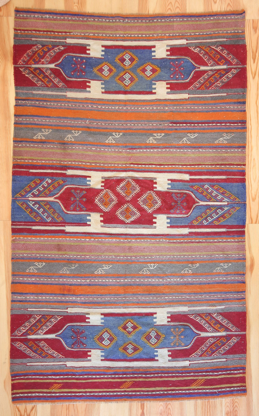 5x9 Vintage Eastern Anatolian 'Sivas' Turkish Kilim Area Rug | Triple horizontal medallion with colorful stripes | SKU 495