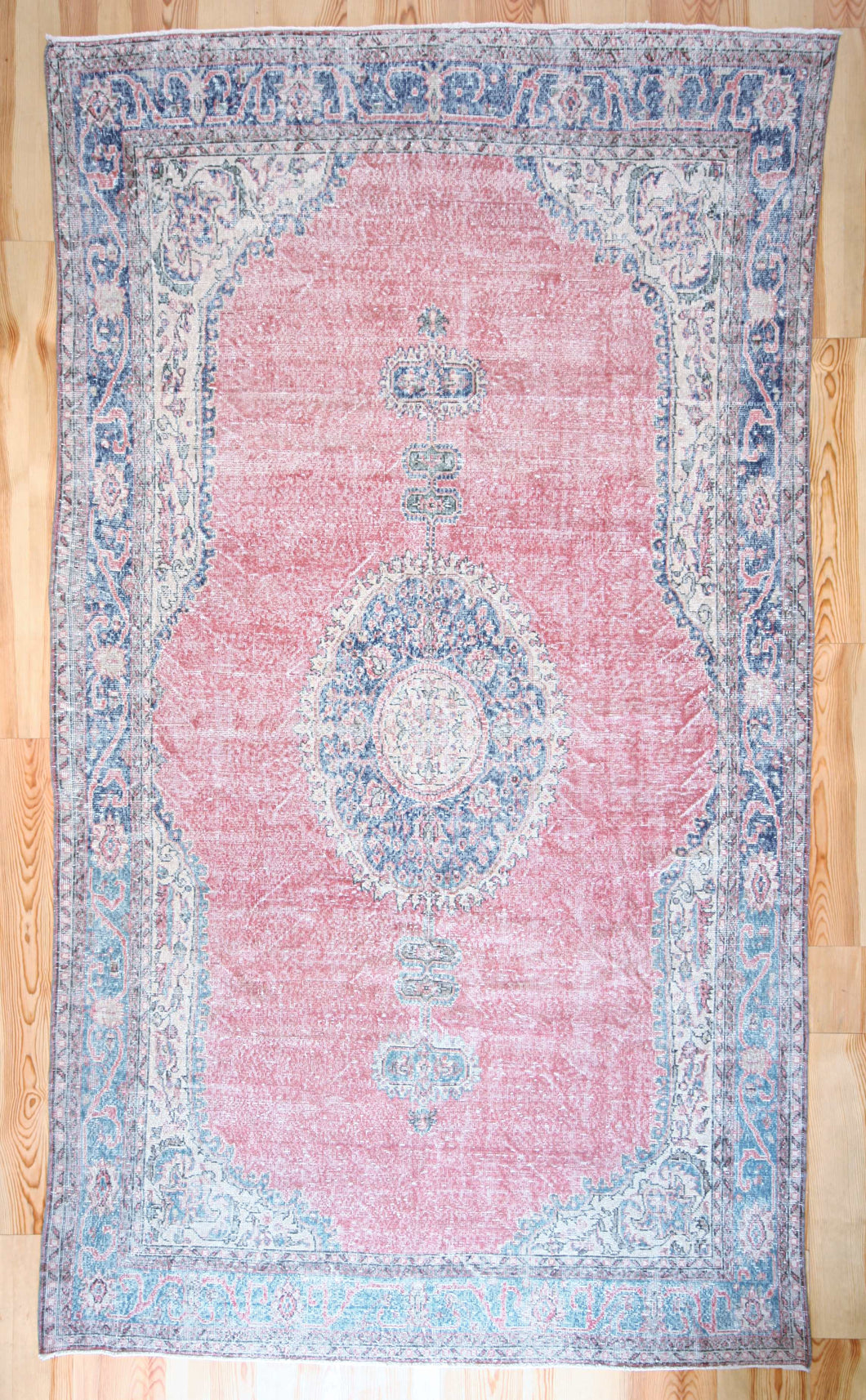7x12 Vintage Central Anatolian Oushak Style Turkish Area Rug | Bold medallion spacious field floral border | SKU 497
